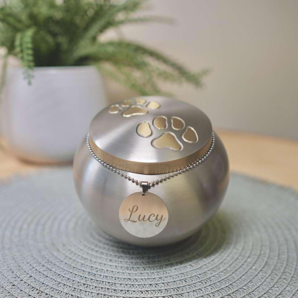 Silver w/ Gold Paws Urn in Aluminium