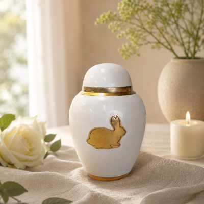 Pearl White Rabbit Urn - Brass